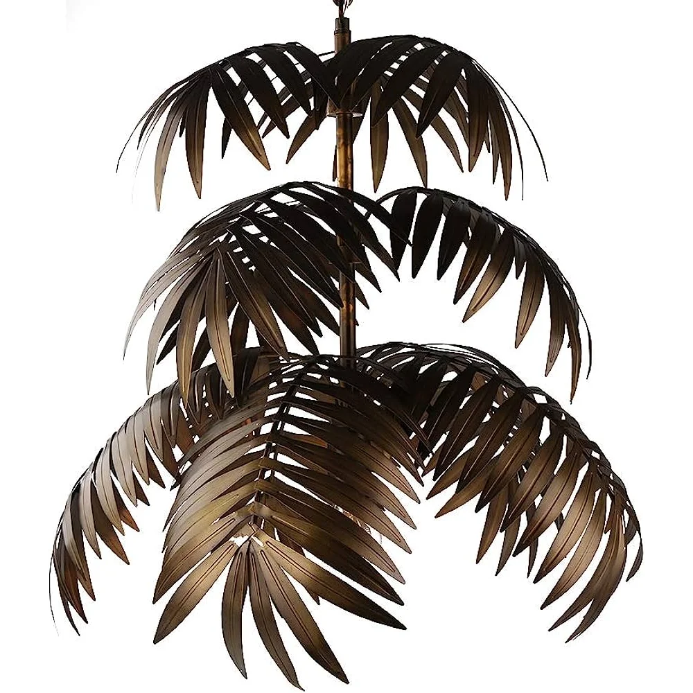 Palm Leaf Chandelier in Antique Bronze Finish Large Metal Pendant Light for Living Room Dining or Entryway