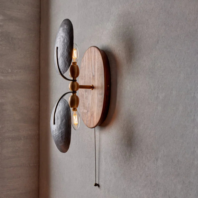 Hammered Metal & Walnut Wall Sconce | French Pull Chain Light