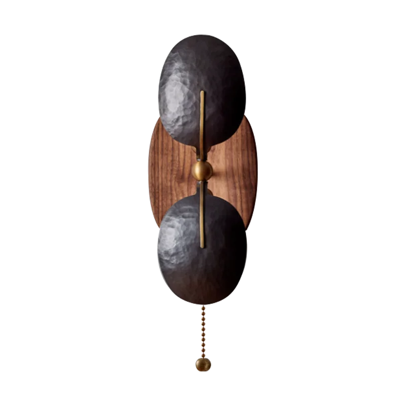 Hammered Metal & Walnut Wall Sconce | French Pull Chain Light