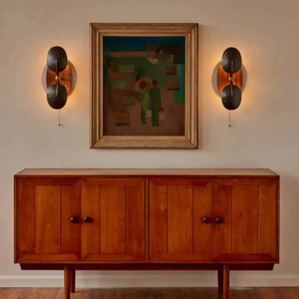 Hammered Metal & Walnut Wall Sconce | French Pull-chain Light - Sconces