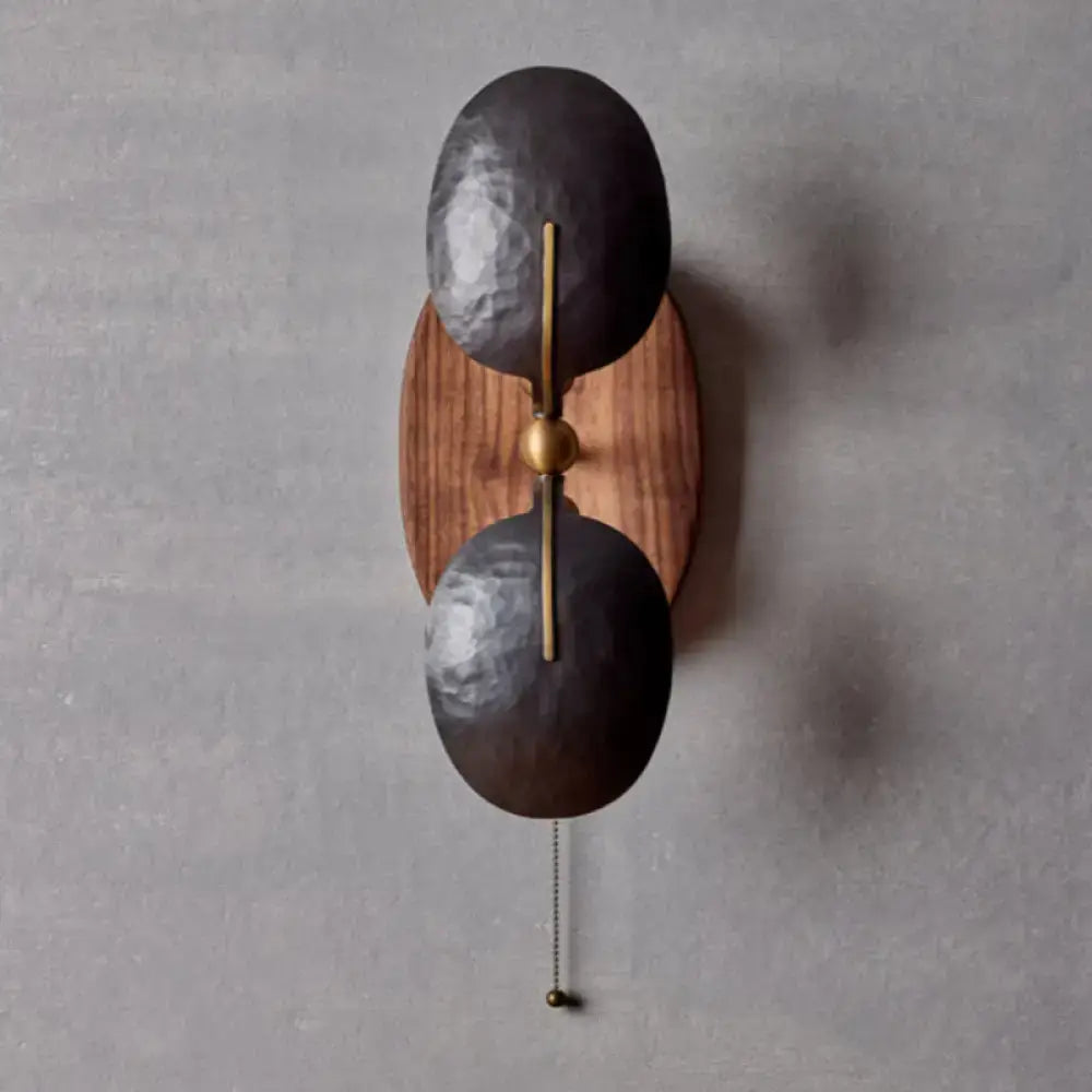 Hammered Metal & Walnut Wall Sconce | French Pull-chain Light - Sconces