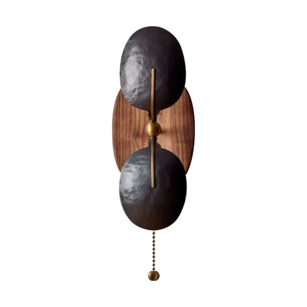 Hammered Metal & Walnut Wall Sconce | French Pull-chain Light - Sconces