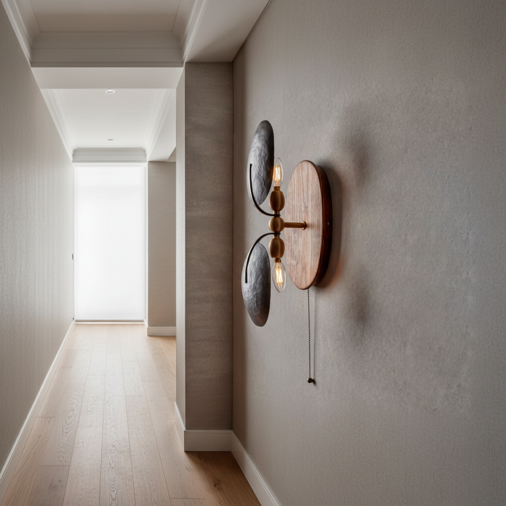 Walnut & Hammered Iron Wall Sconce Pull Chain | Bedside Reading Guest Room Light Wabi Sabi Casalola Lights Luxury Lamps