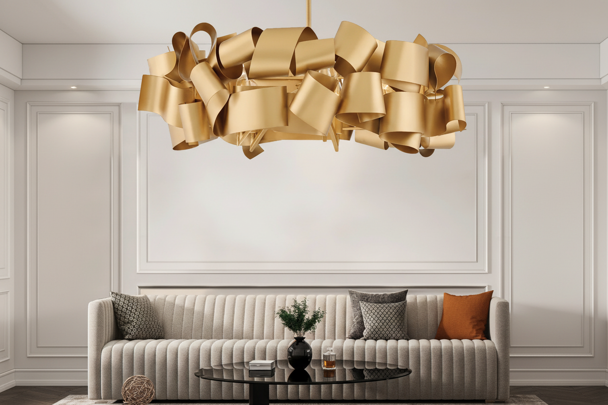 Gold Ribbon Chandelier | Sculptural Metal Pendant Light | Modern Statement Ceiling Fixture for Dining or Foyer