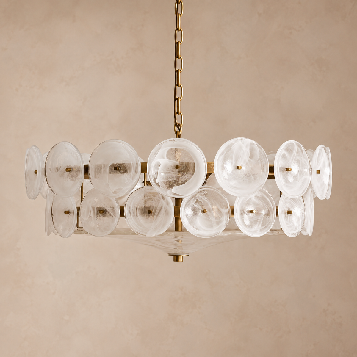 Murano Style Milk Glass Disc Chandelier | Fully Diffused Glare Free Light Three Diameters Two Tier Casalola Lights