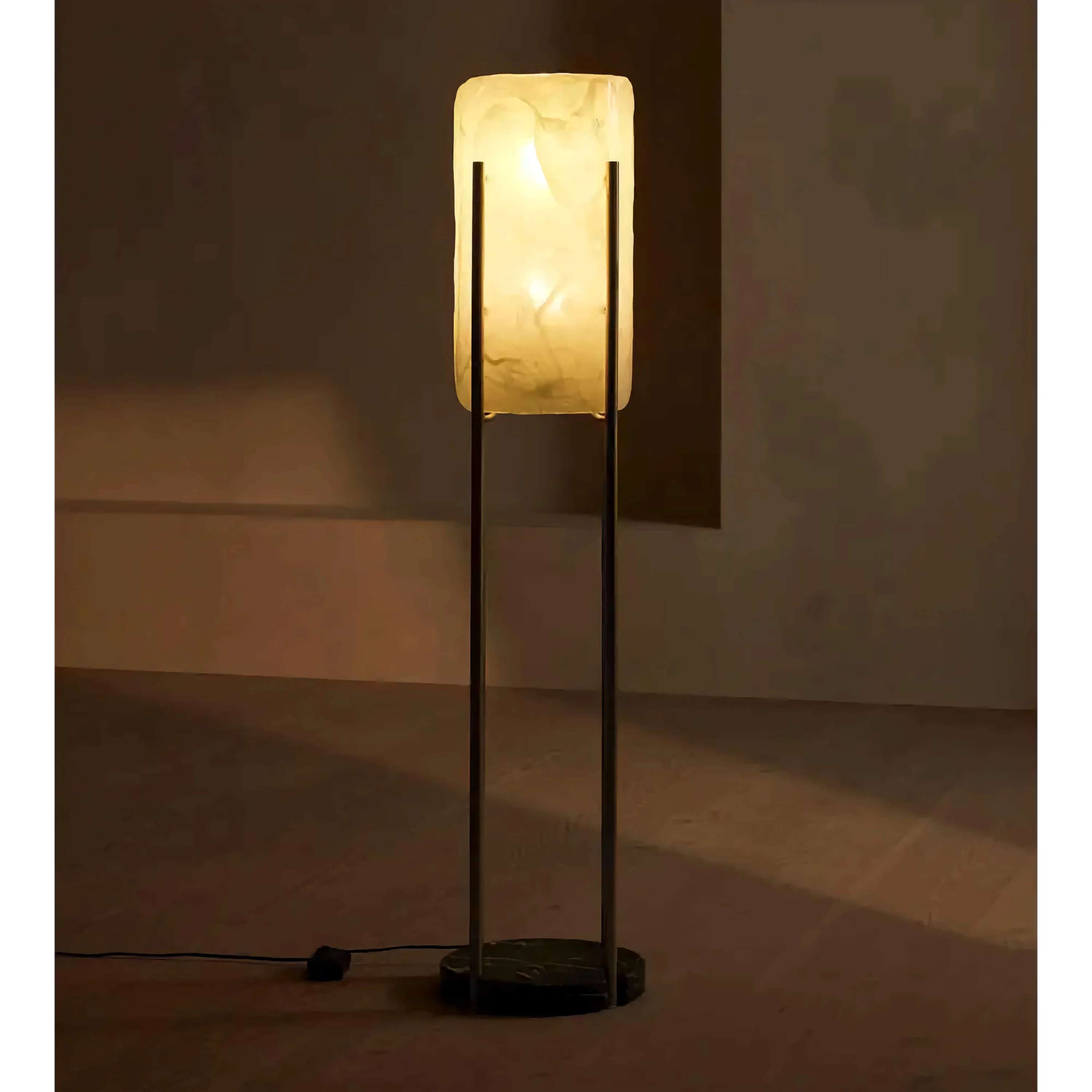 Living Room Minimalist Marble & Brass Floor Lamp – Modern Column Light with Warm Diffused Glow Space Saving Design