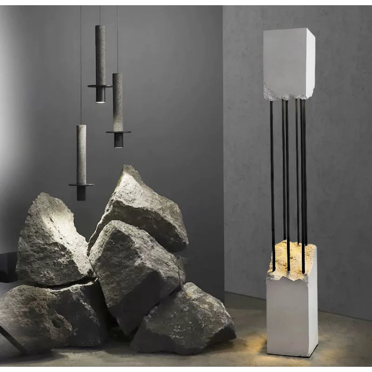Solid Cement and Stainless Steel Floor Lamp | Brutalist Wabi-sabi Design | 148cm Handcrafted Totem | Casalola Lights