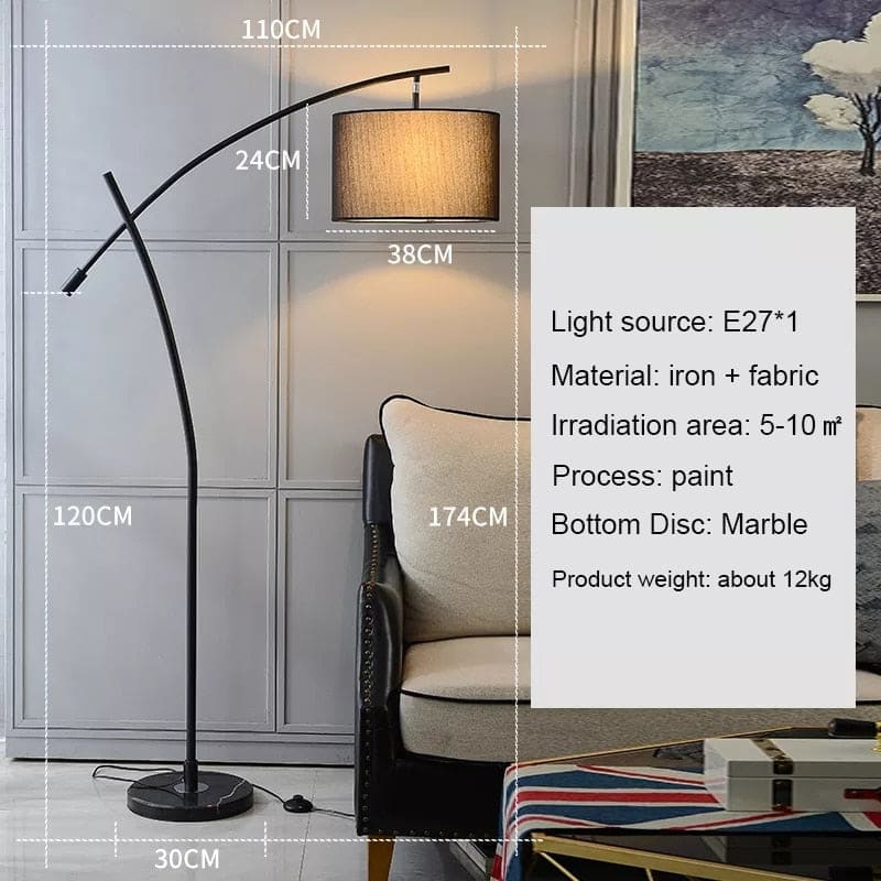 Minimalist Arc Floor Lamp | Living Room Lamps | Metal Base White Fabric Lampshade | Casalola