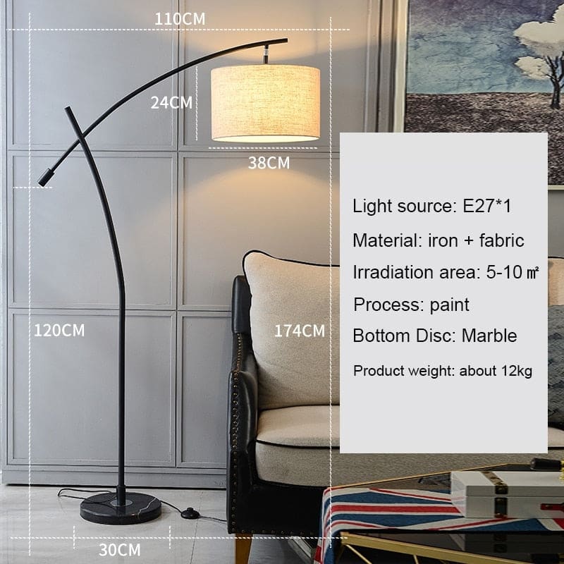 Minimalist Arc Floor Lamp | Living Room Lamps | Metal Base White Fabric Lampshade | Casalola