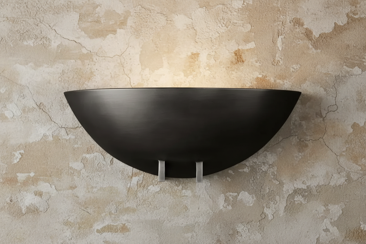 Black bowl sconce on a plaster wall