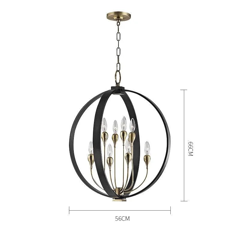 Black orb chandelier glowing warm