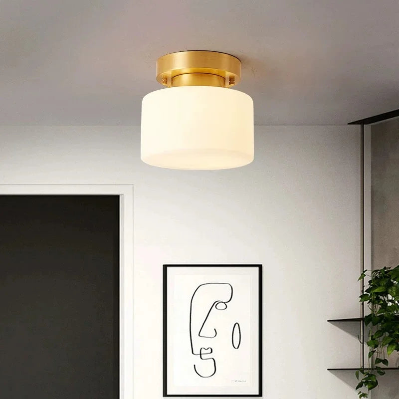 Small Frosted Glass Flush Mount Light for Hallway or Entryway | 7.5 in Wide Brass Base Low Ceiling Casalola Lights