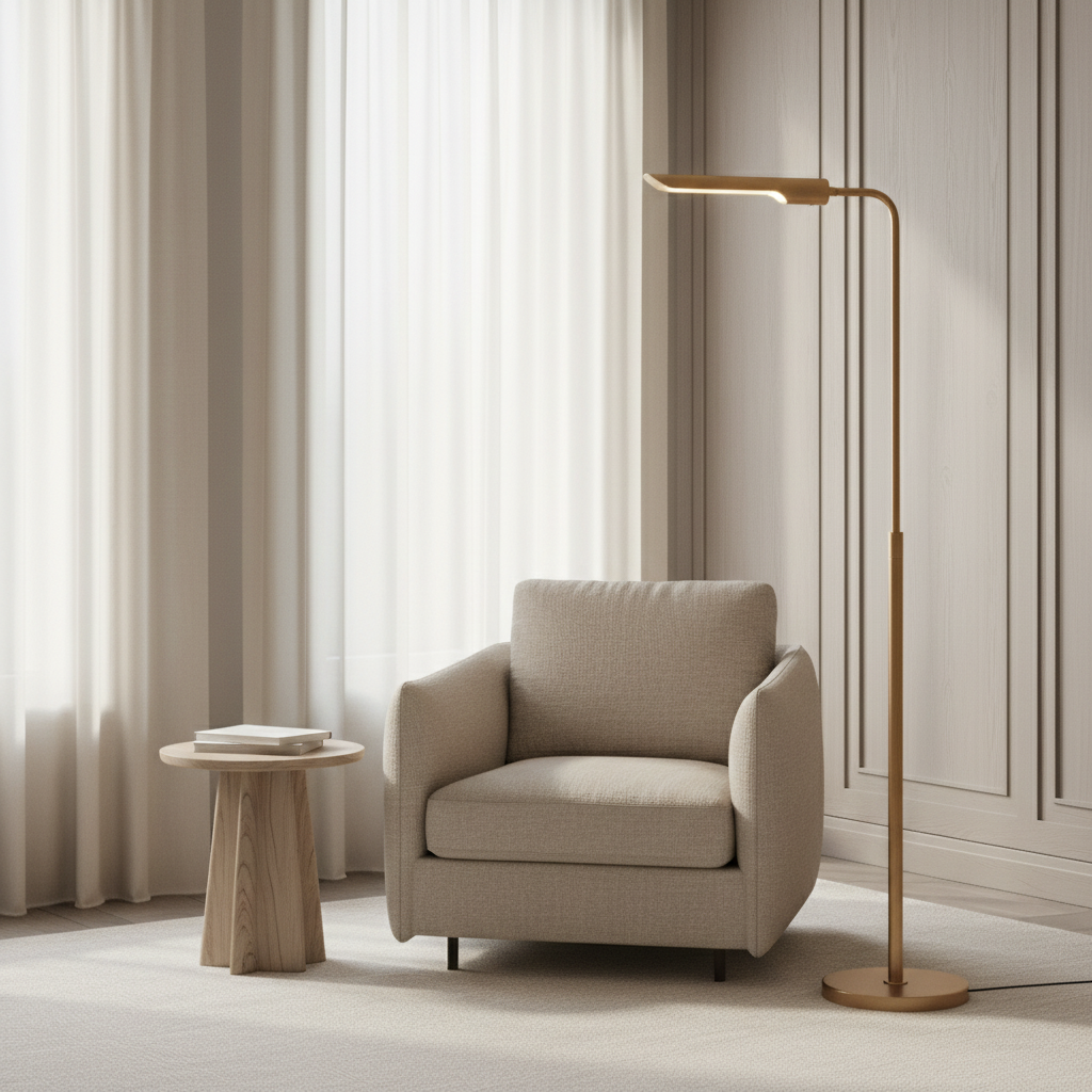 Modern Brass Floor Lamp for Living Room – Slim Led Lighting Bedrooms Corners and Contemporary Home Interiors