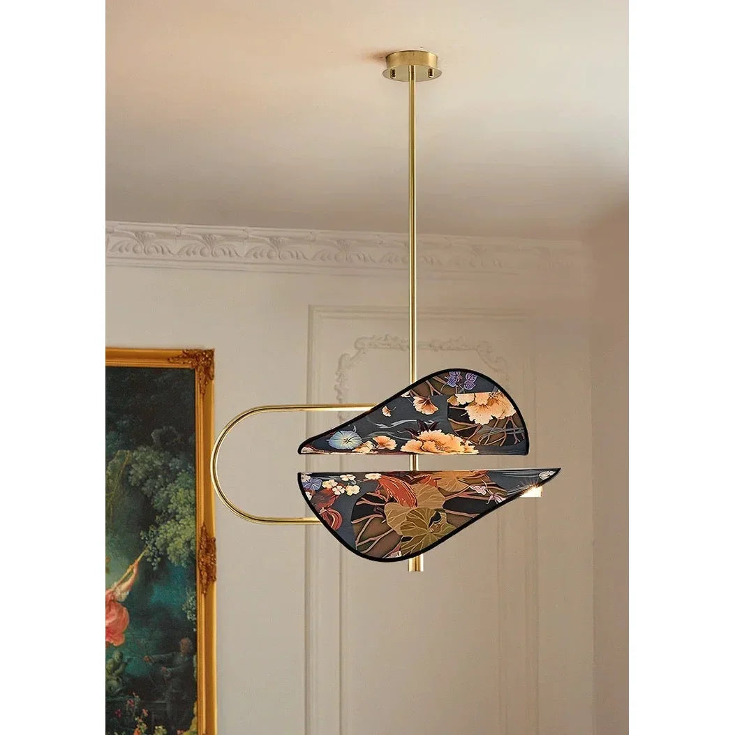 Modern Brass Pendant Light | Italian Akira Leaf Panels Hand Painted Floral | Luxury Dimmable Dining Fixture