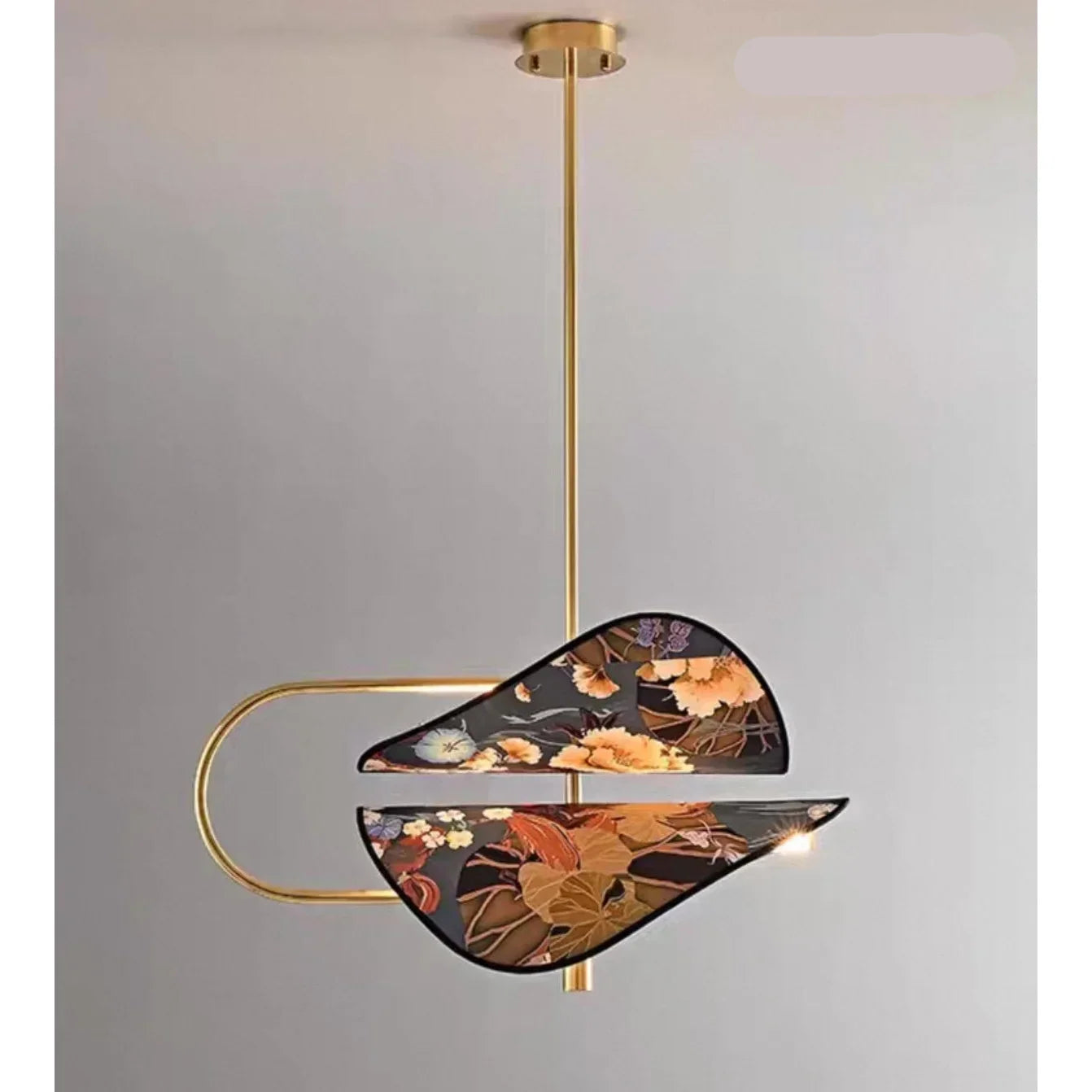 Modern Brass Pendant Light | Italian Akira Leaf Panels Hand Painted Floral | Luxury Dimmable Dining Fixture