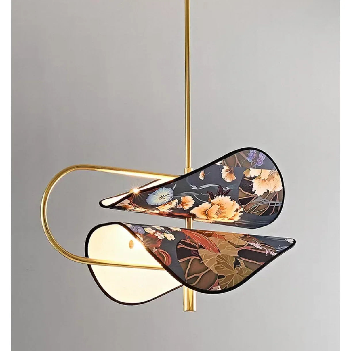 Modern Brass Pendant Light | Italian Akira Leaf Panels Hand Painted Floral | Luxury Dimmable Dining Fixture