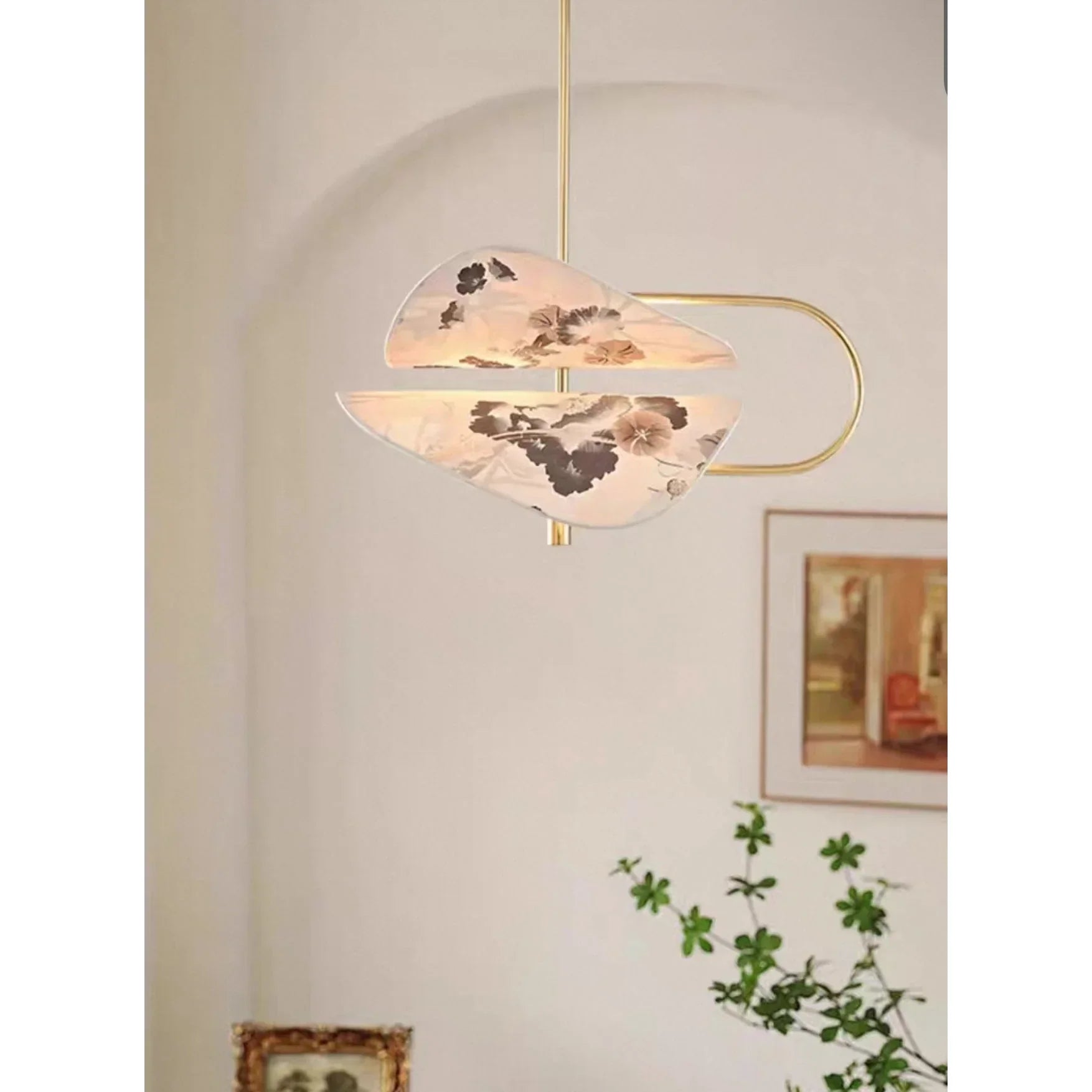 Modern Brass Pendant Light | Italian Akira Leaf Panels Hand Painted Floral | Luxury Dimmable Dining Fixture
