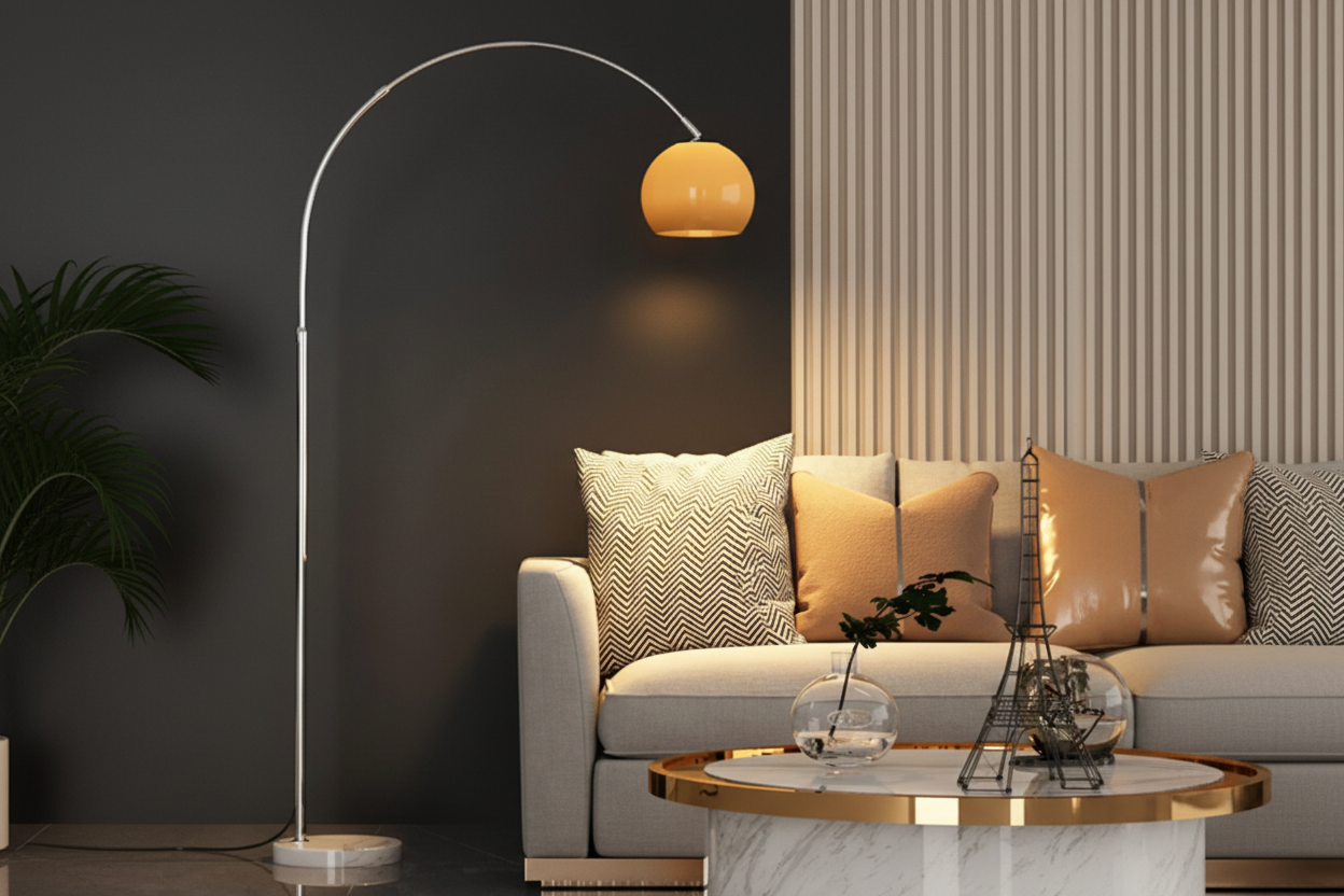 Arc Floor Lamp | Orange or White Glass Lampshade Silver Body Living Room Corner Lamps| Casalolalights Luxury Lamps