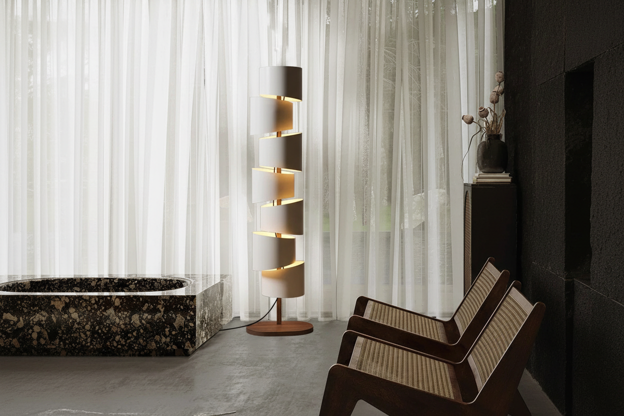 Iron and wood tower floor lamp detail