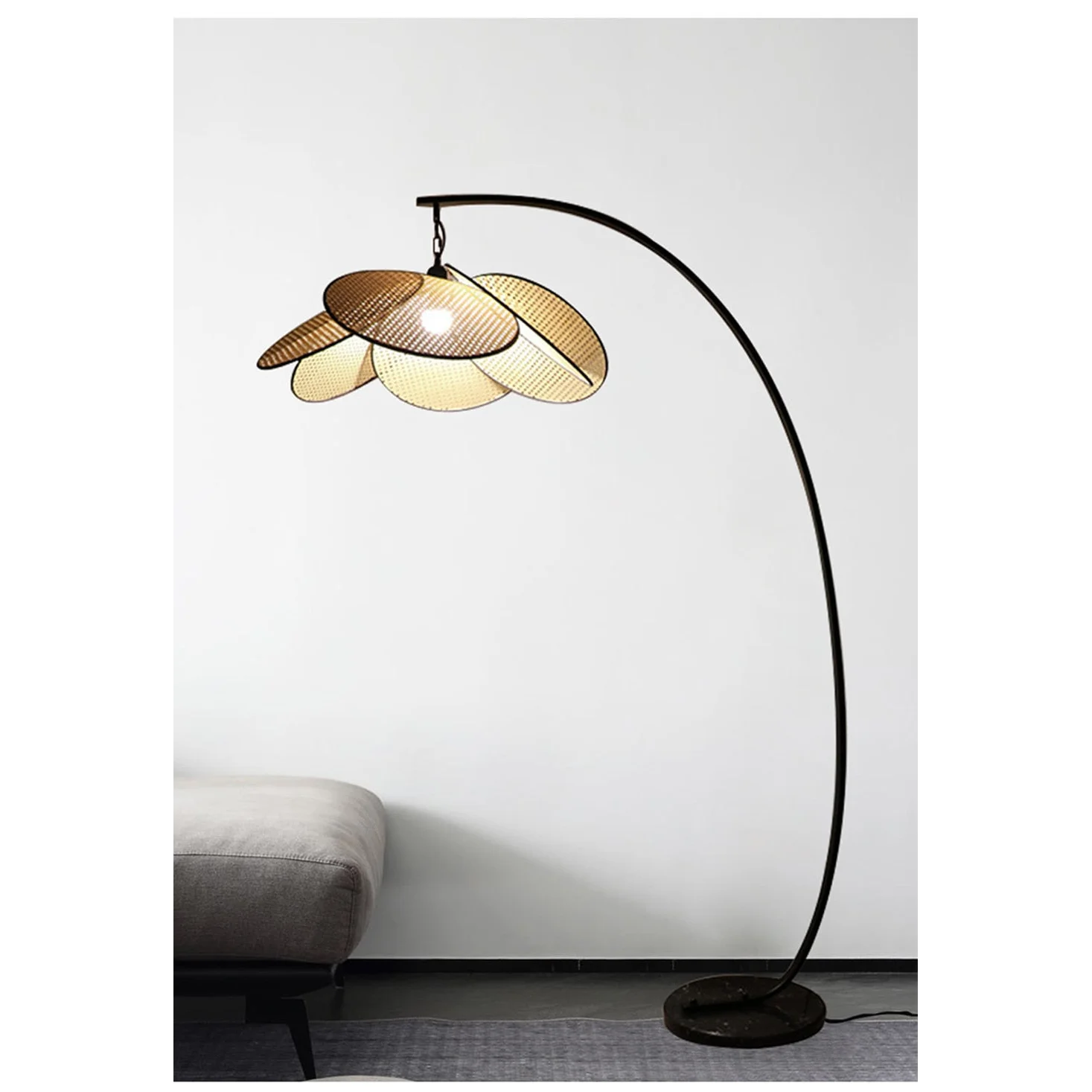 Arc Floor Lamp Stainless Steel Base Rustic Japandi Design Dimmable Modern Knitted Rattan Led
