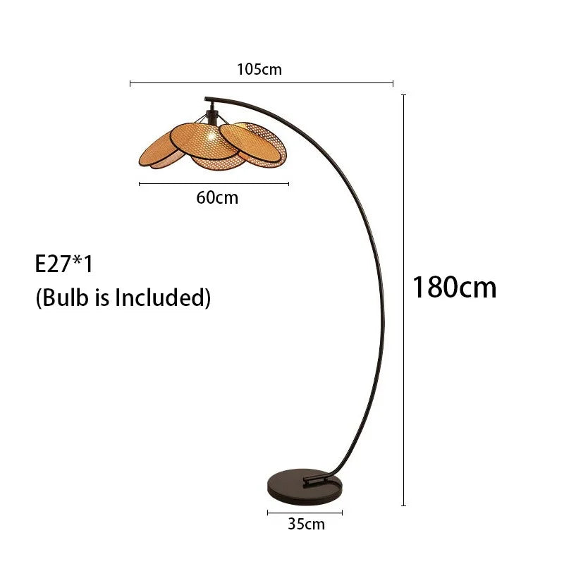 Arc Floor Lamp Stainless Steel Base Rustic Japandi Design Dimmable Modern Knitted Rattan Led