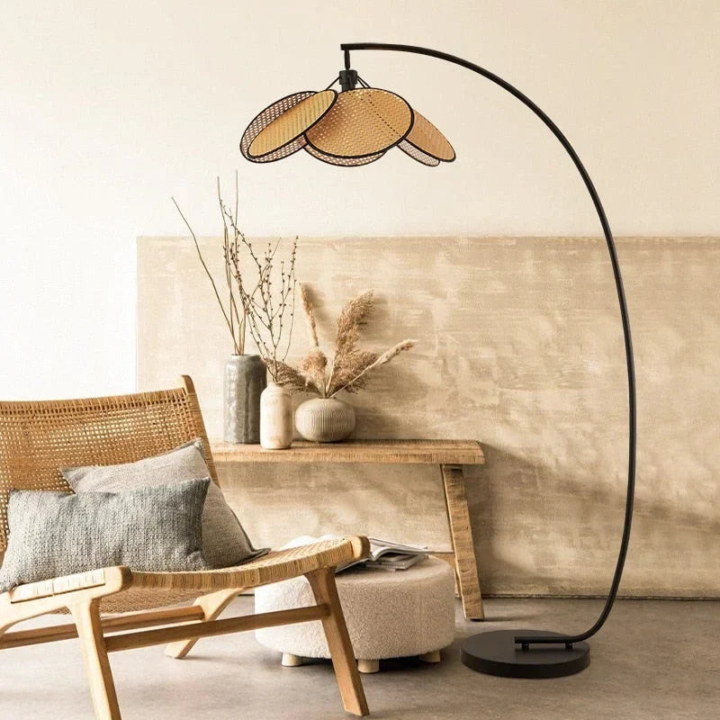 Arc Floor Lamp Stainless Steel Base Rustic Japandi Design Dimmable Modern Knitted Rattan Led Casalola Lights Luxury