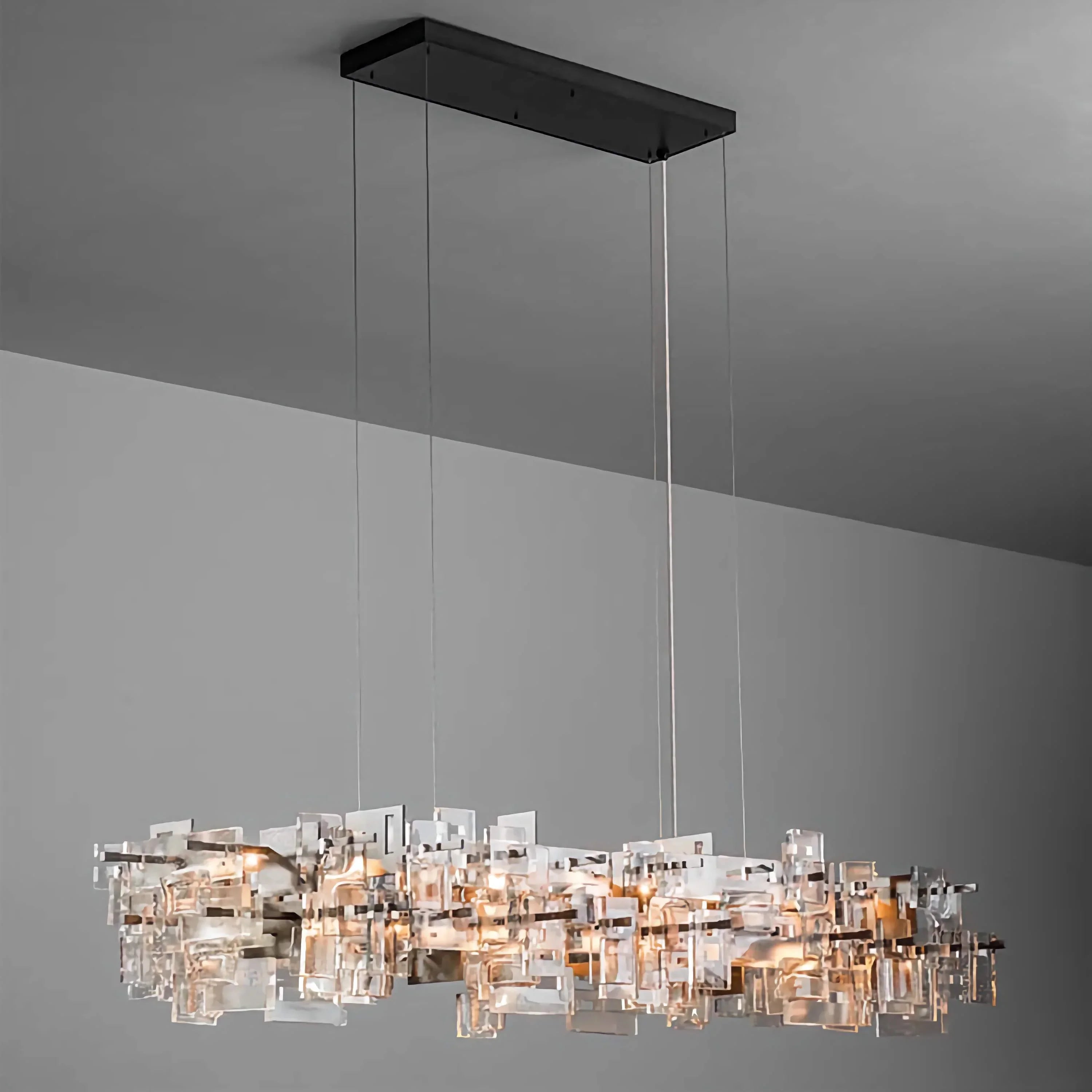 Hand Cut Crystal Linear Chandelier | Modern Rectangular Island Pendant Lighting for Dining Room