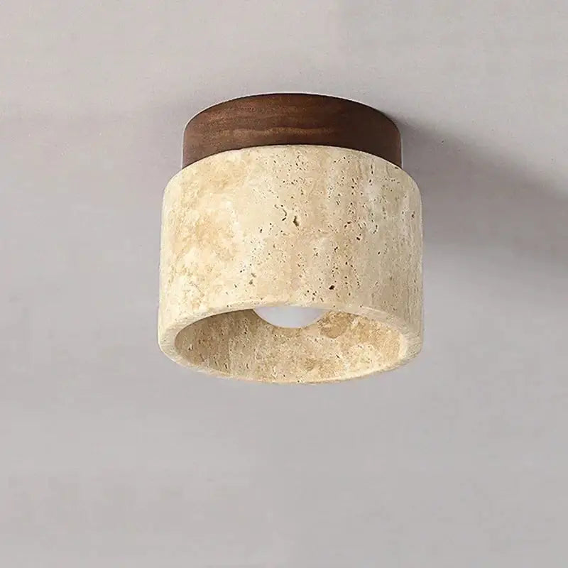Modern Flush Mount Ceiling Light with Natural Stone and Wood Accent – Minimalist Cylinder Design - Mounts