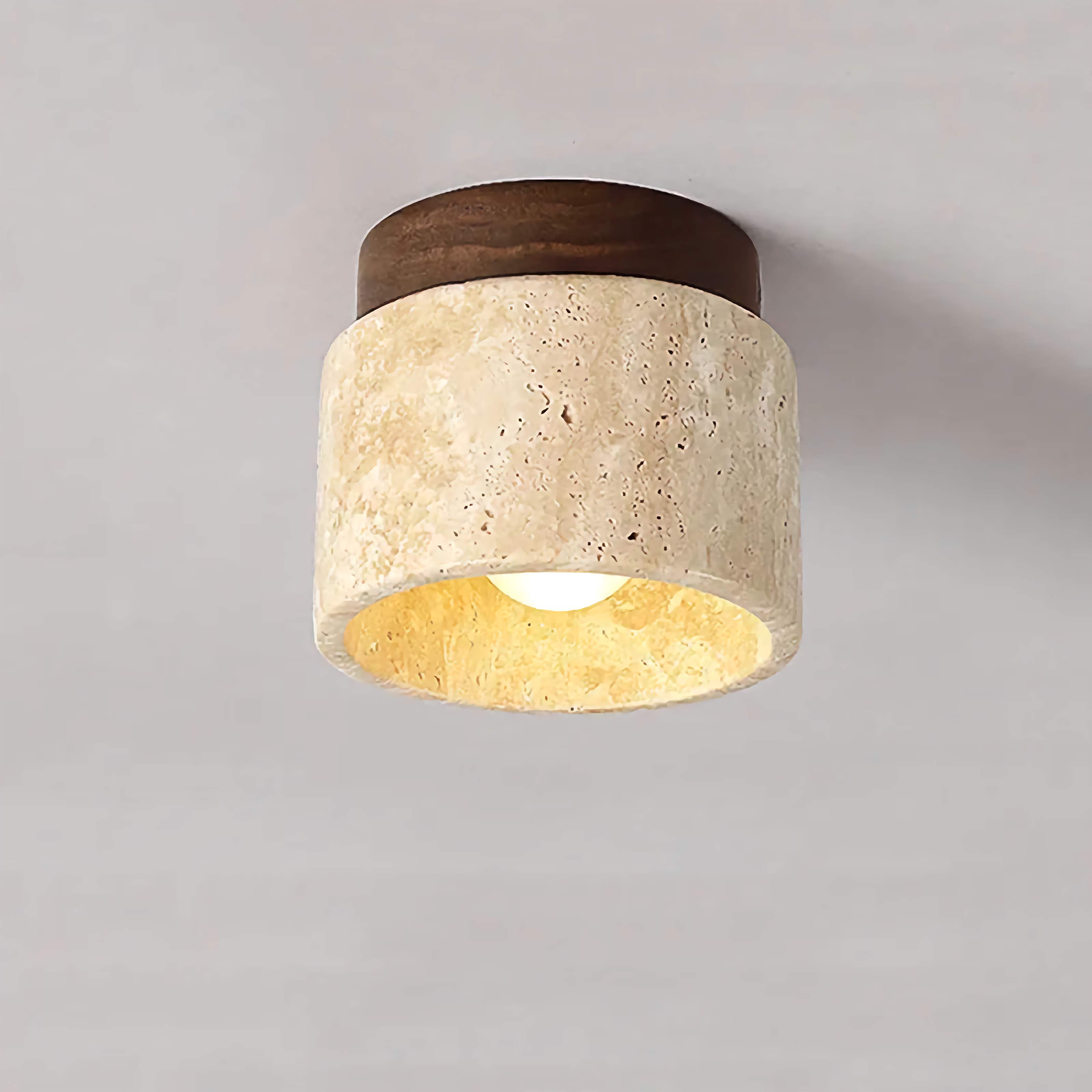 Solid Travertine & Wood Flush Mount Ceiling Light | Organic Japandi Design | Compact 12cm | Casalola Lights