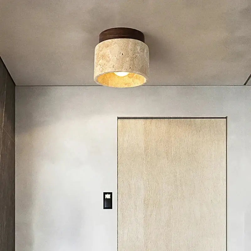 Modern Flush Mount Ceiling Light with Natural Stone and Wood Accent – Minimalist Cylinder Design - Mounts