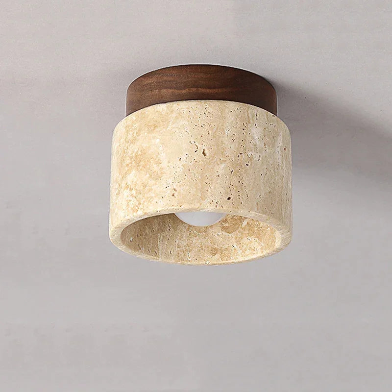 Solid Travertine & Wood Flush Mount Ceiling Light | Organic Japandi Design | Compact 12cm | Casalola Lights
