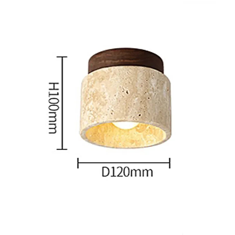 Modern Flush Mount Ceiling Light with Natural Stone and Wood Accent – Minimalist Cylinder Design