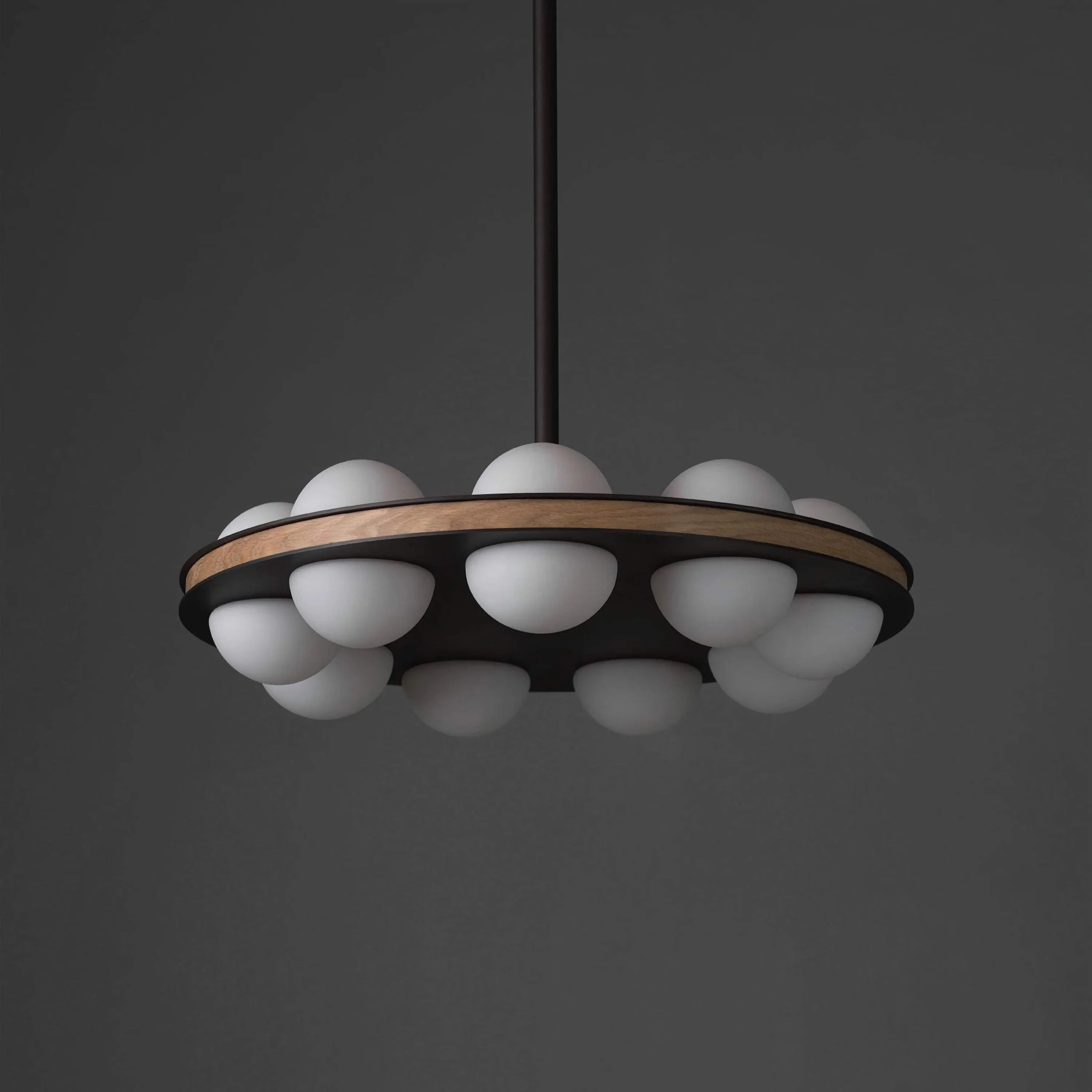 Array Modern Walnut Ring Chandelier | 16 Light Circular Globe Fixture | Sculptural Ceiling for Dining or Office