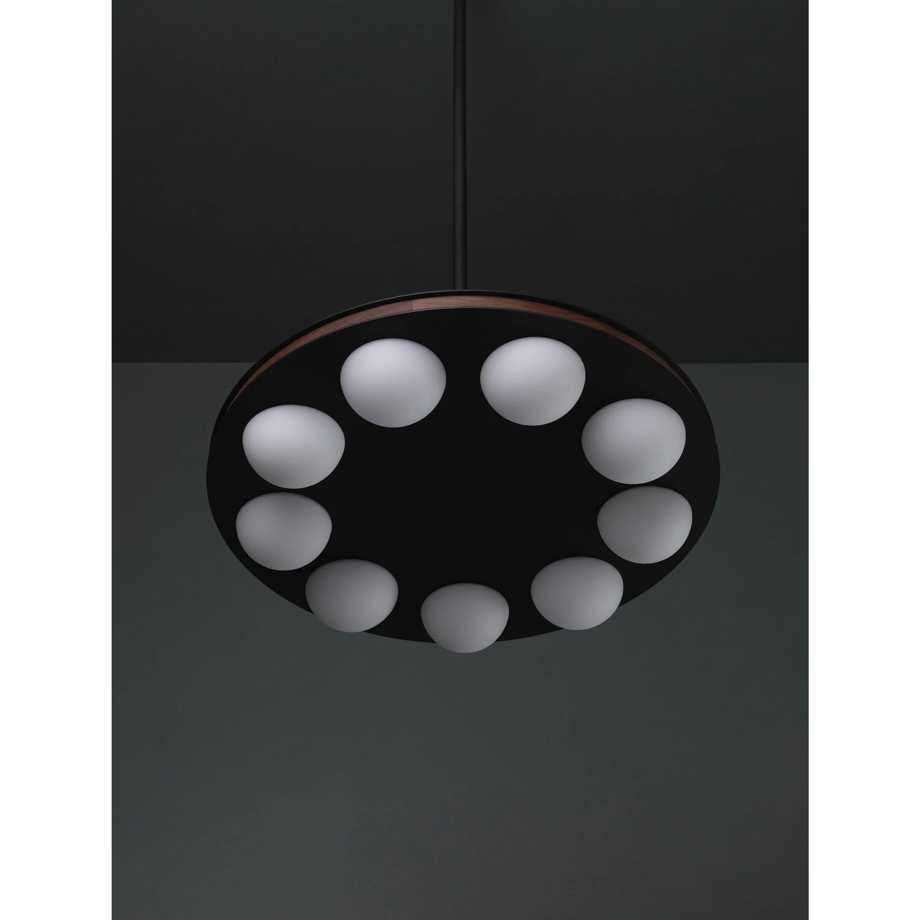 Array Modern Walnut Ring Chandelier | 16 Light Circular Globe Fixture | Sculptural Ceiling for Dining or Office