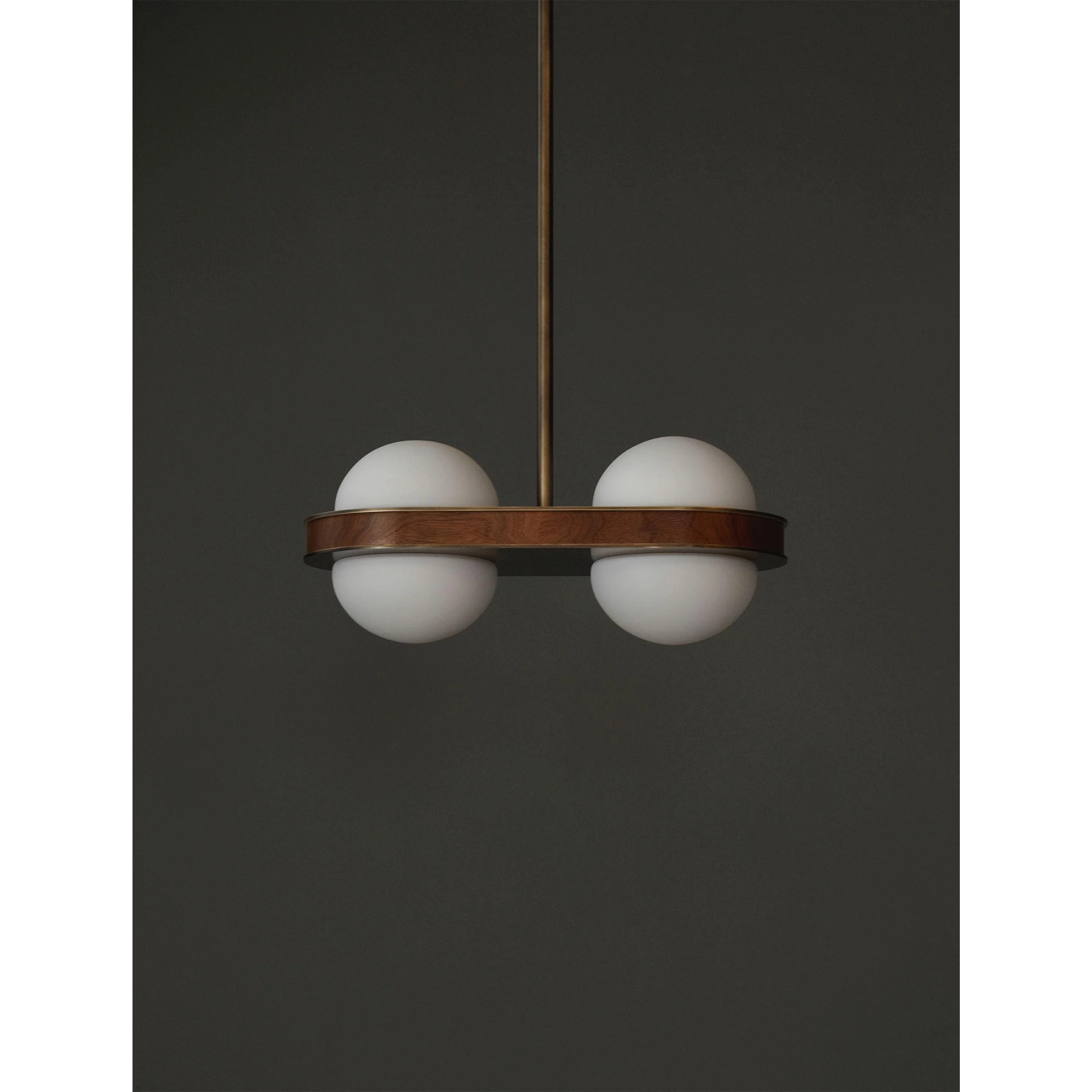 Minimalist Walnut Globe Pendant Light | Dual Opal Glass Fixture in Patinated Brass | Modern Lighting for Kitchen or Bar