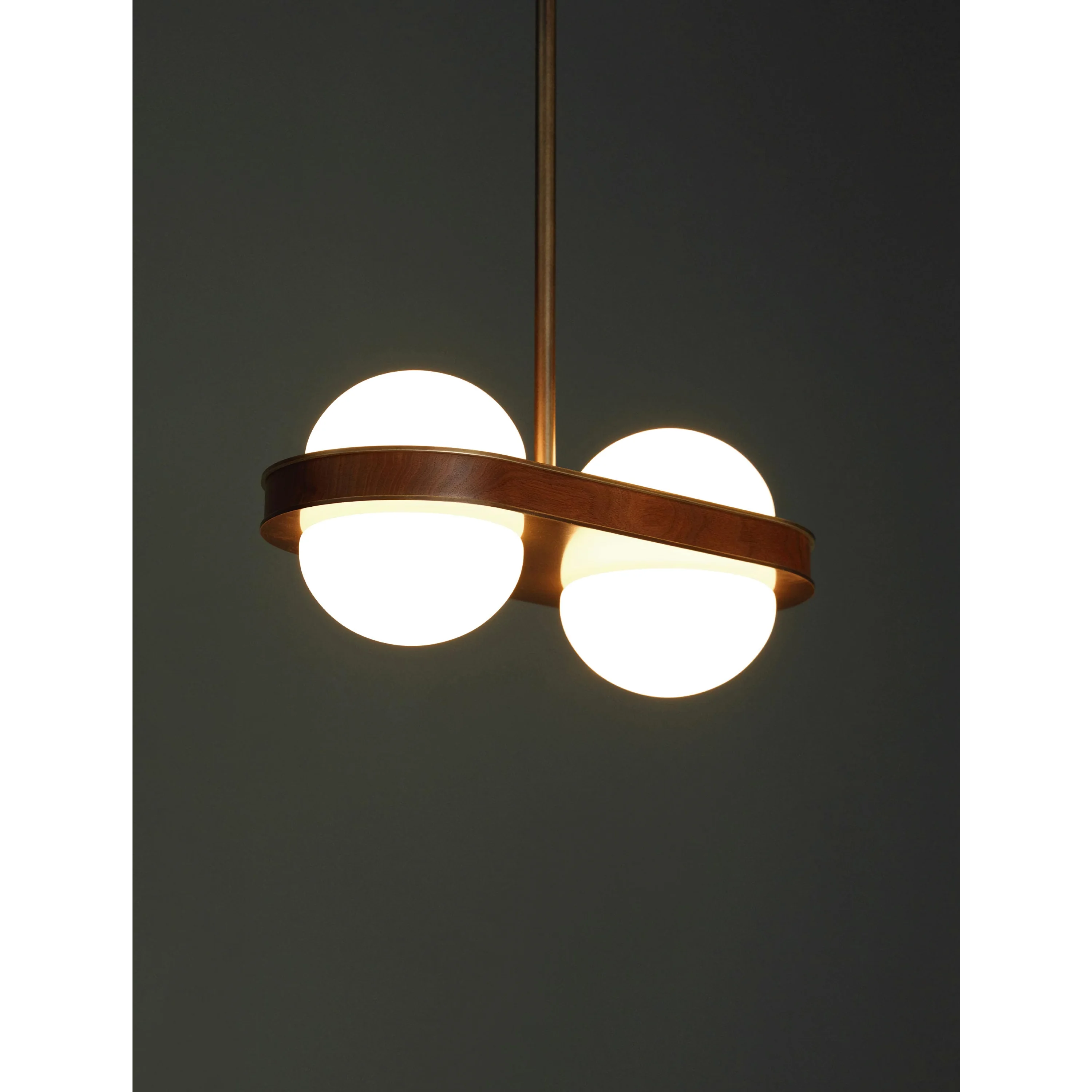 Minimalist Walnut Globe Pendant Light | Dual Opal Glass Fixture in Patinated Brass | Modern Lighting for Kitchen or Bar