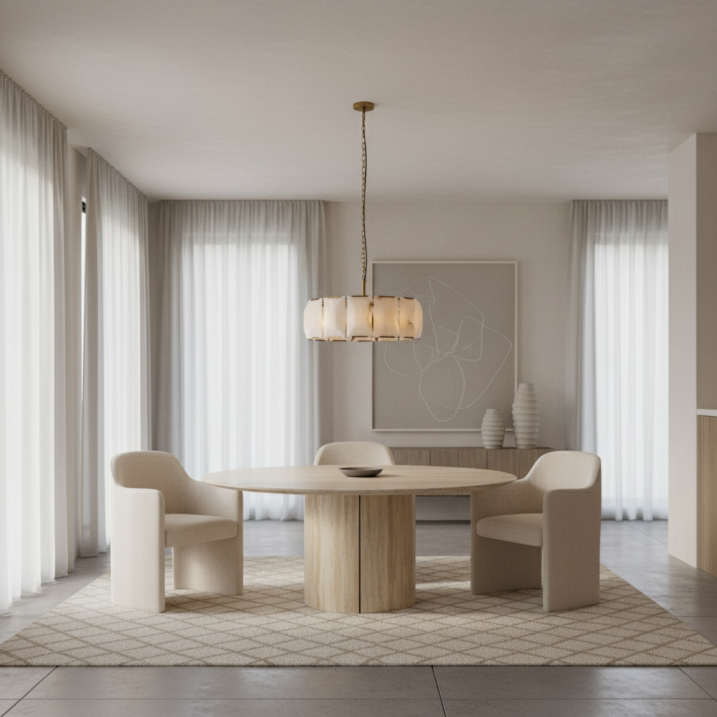 Modern pendant light with a cylindrical, segmented design in warm beige tones and brass accents.