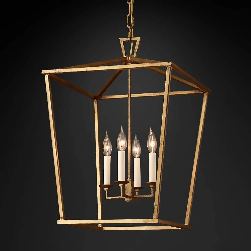 Gold Lantern Pendant Light with 4 Candle Lights – Open Frame Foyer Chandelier for Entryway Kitchen Island or Dining Room