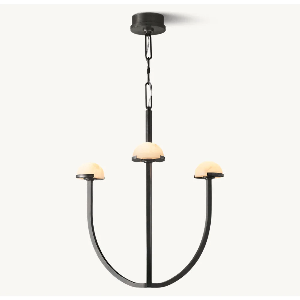 Copper and alabaster chandelier glowing warm