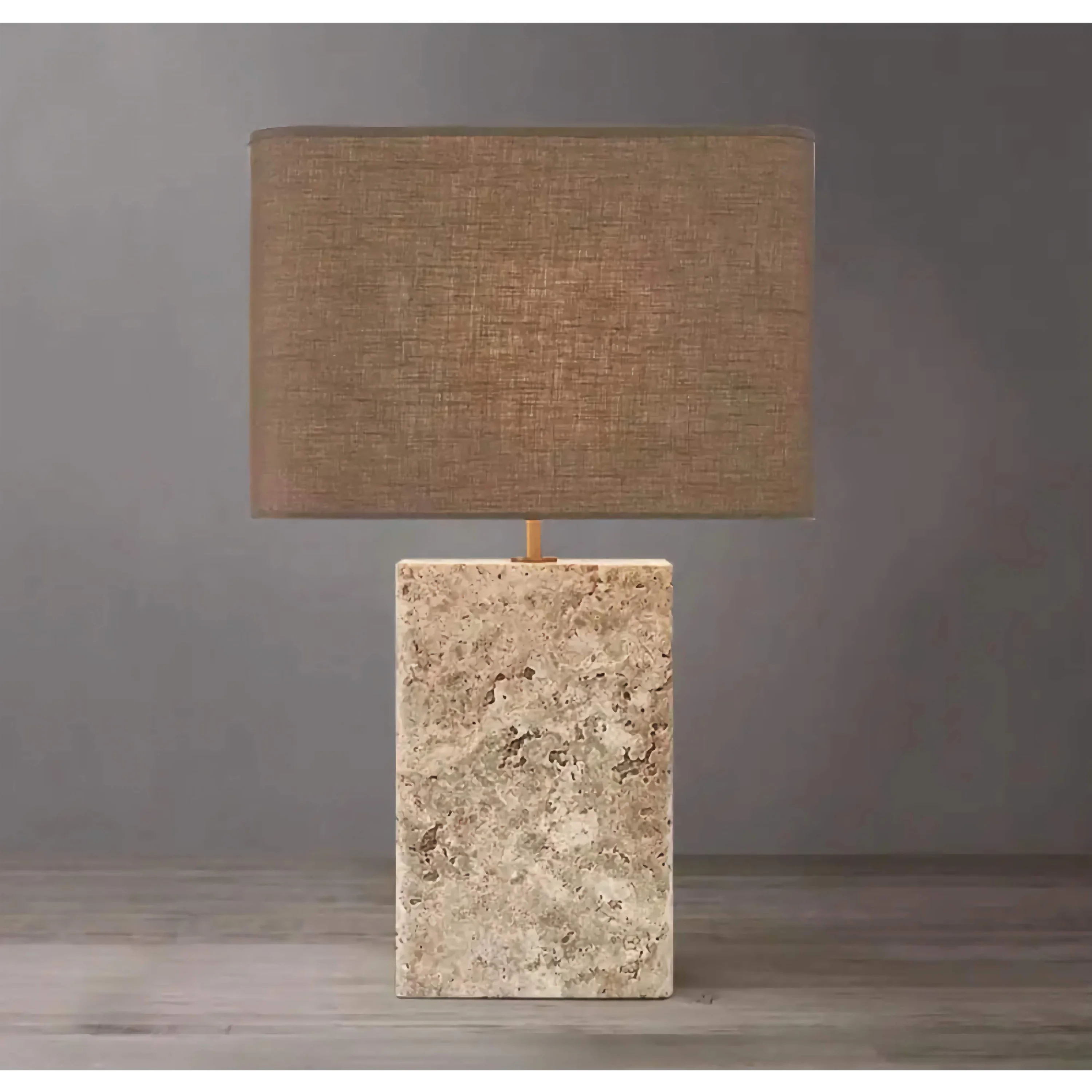 Modern Travertine and Copper Table Lamp with Fabric Shade for Living Room or Bedroom