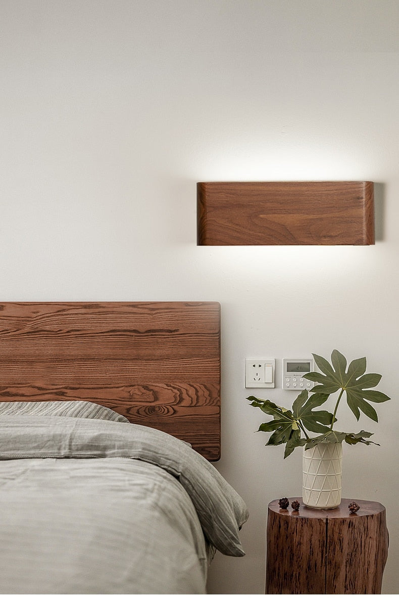 Modern Wooden Led Wall Light – Minimalist Walnut Finish Rectangular Sconce for Bedrooms and Hallways - Sconces