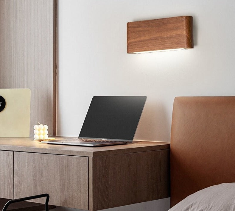 Modern Wooden Led Wall Light – Minimalist Walnut Finish Rectangular Sconce for Bedrooms and Hallways - Sconces
