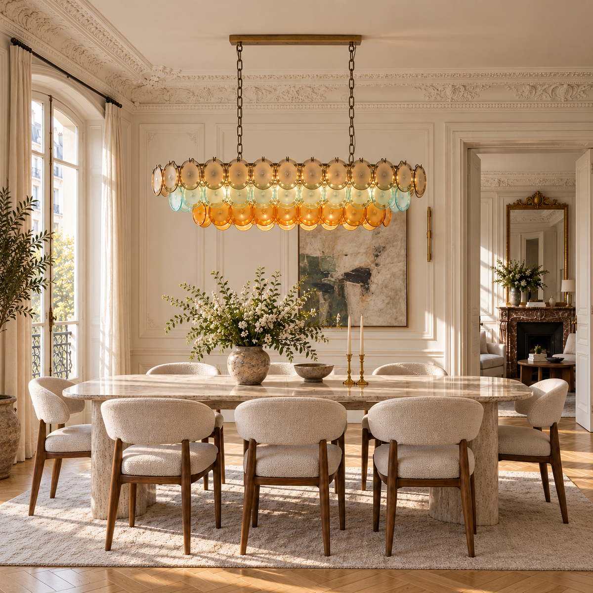 Murano Style Multicolor Glass Disc Linear Chandelier | Over a Long Dining Table Custom Chain Drop Casalola Lights