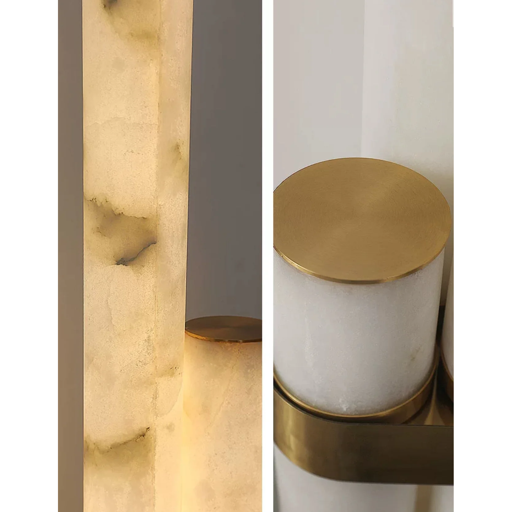 Brass-detailed alabaster lamp in a bedroom
