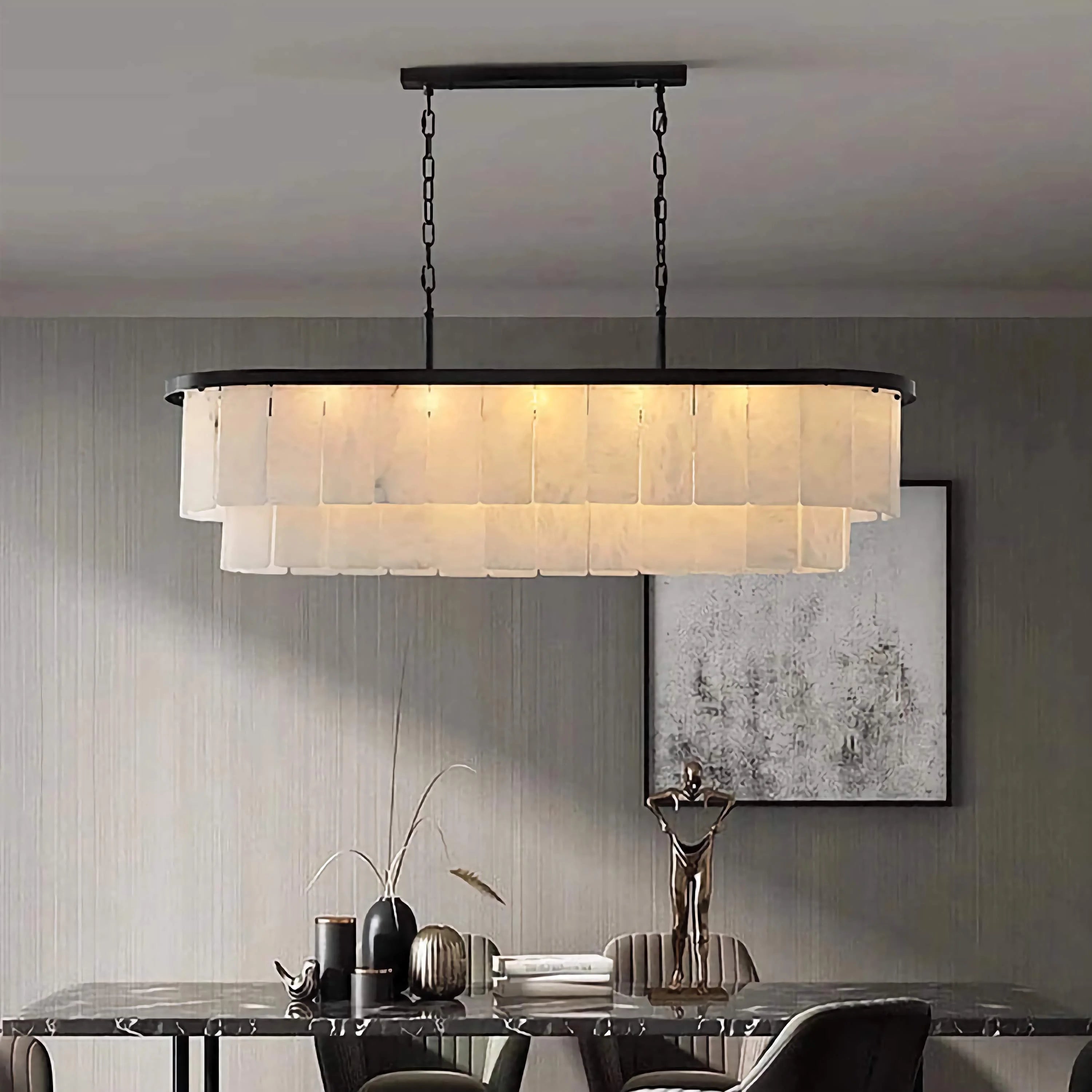 Alabaster and copper linear chandelier over a kitchen island