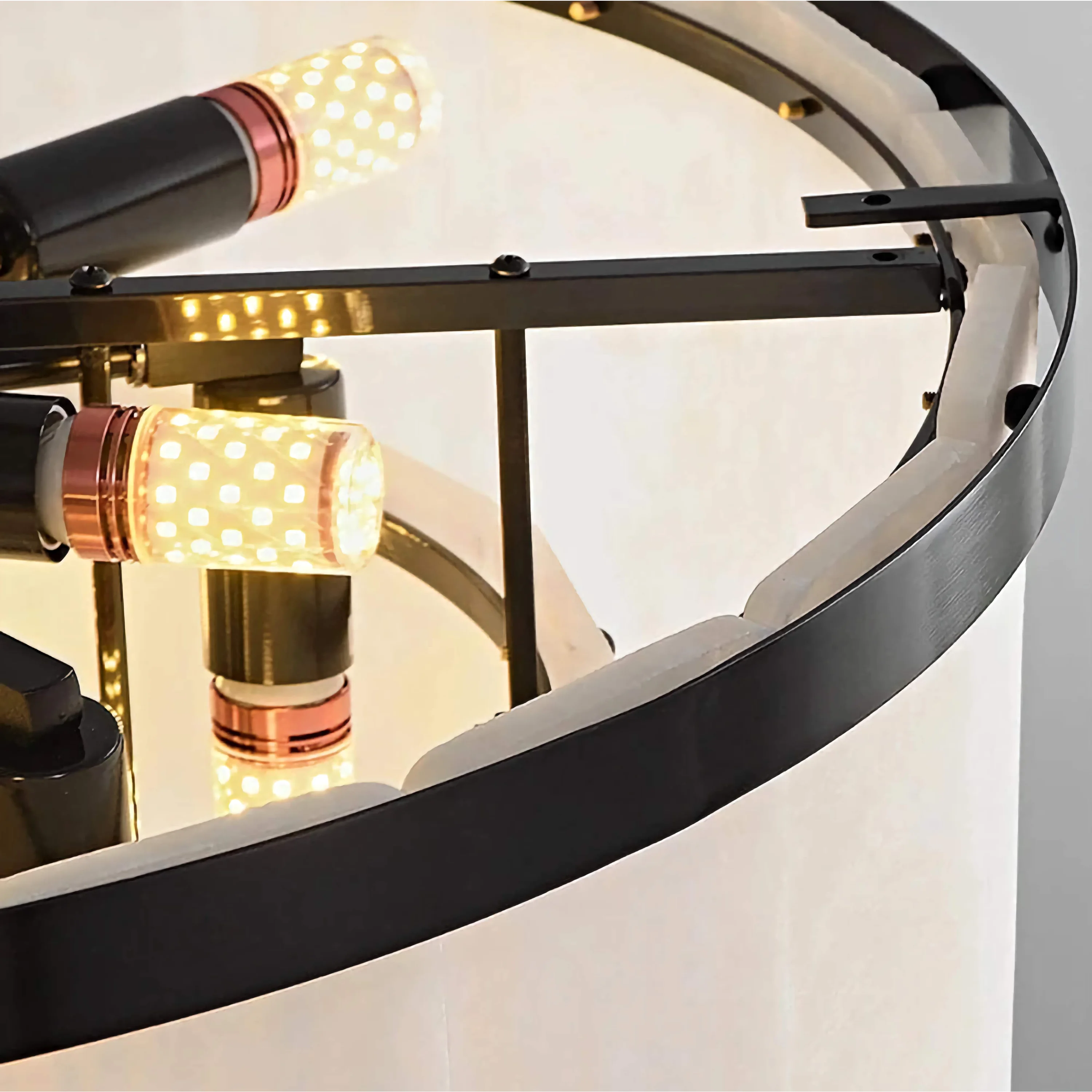 Natural alabaster and copper linear chandelier glowing warm