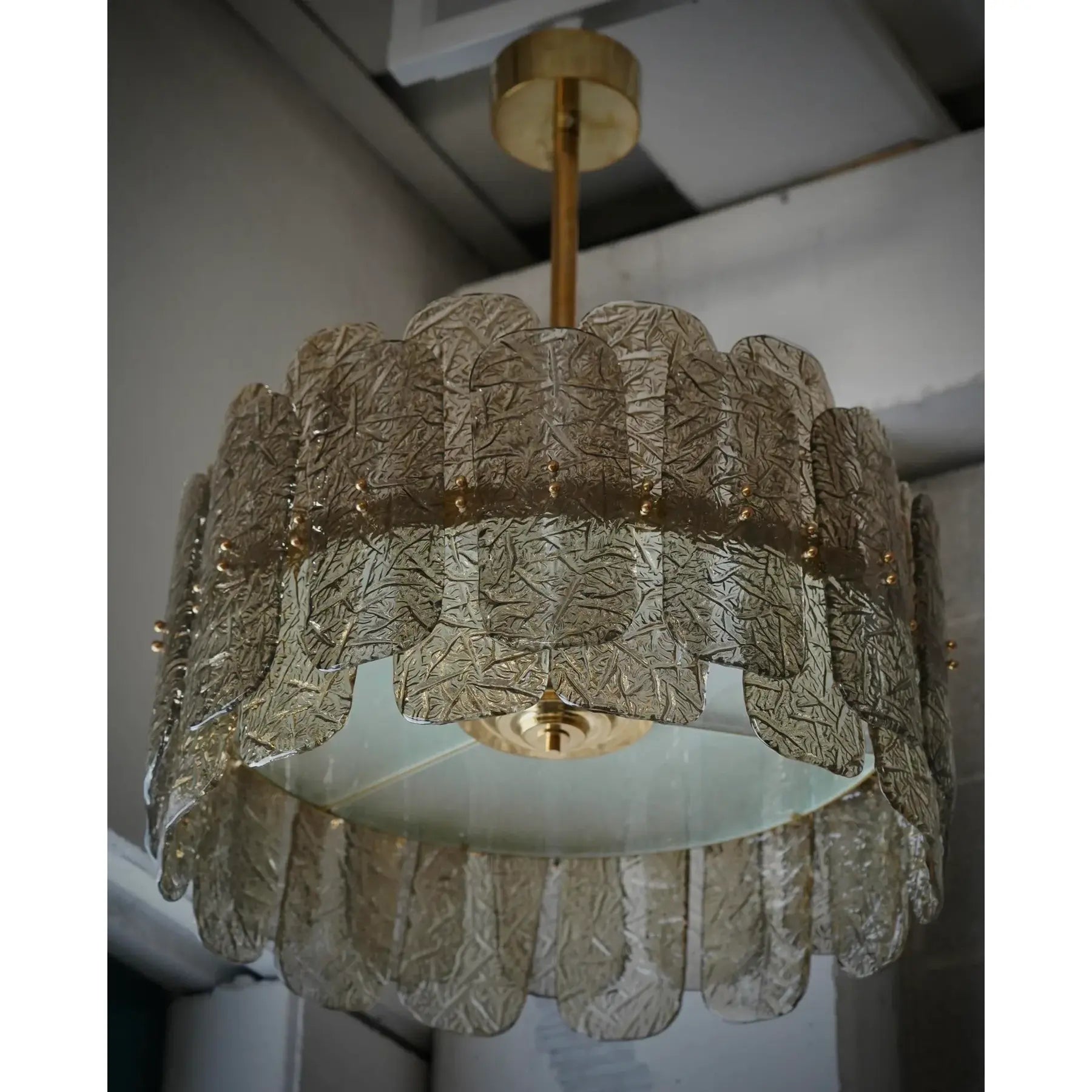 Smoky Art Glass and Brass Chandelier Tall Tiered Dining Room or Entryway Light Fixture for High Ceilings Casalolalights