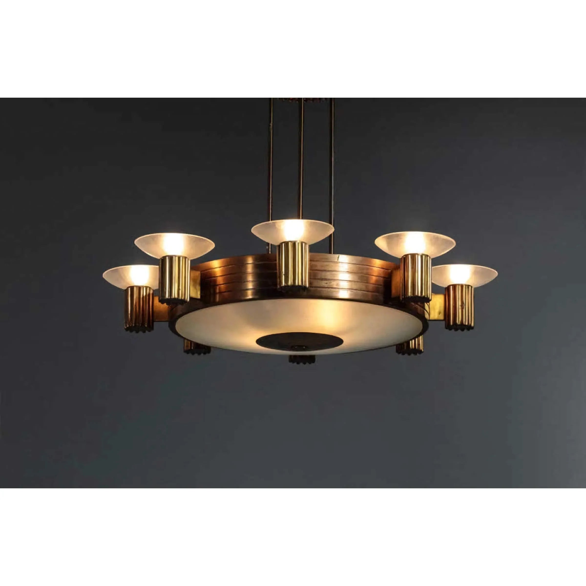 Art Deco Brass Chandelier | Vintage Stepped Frame with Frosted Uplights | Statement Pendant for Dining or Foyer