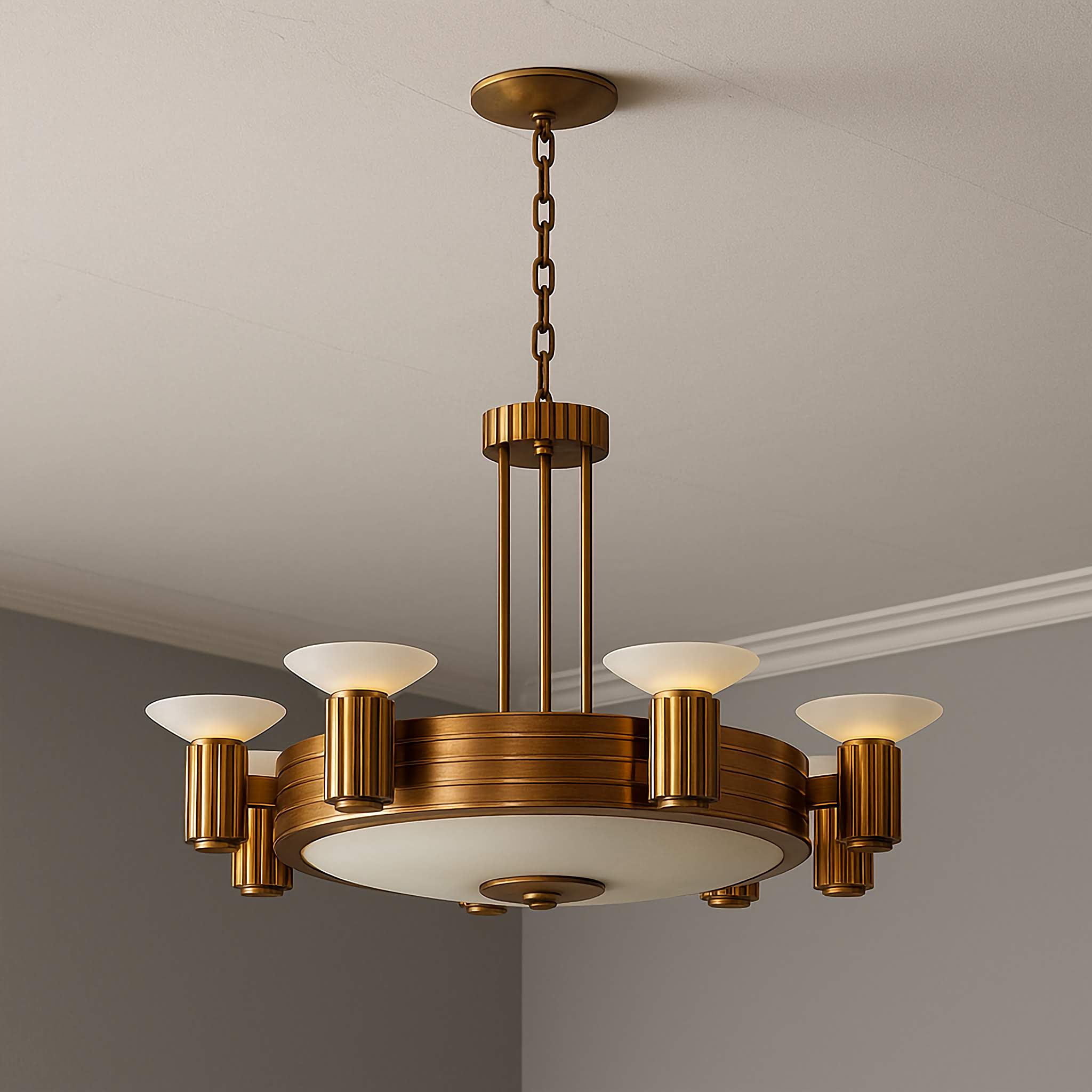 Art Deco Brass Chandelier | Vintage Stepped Frame with Frosted Uplights | Statement Pendant for Dining or Foyer