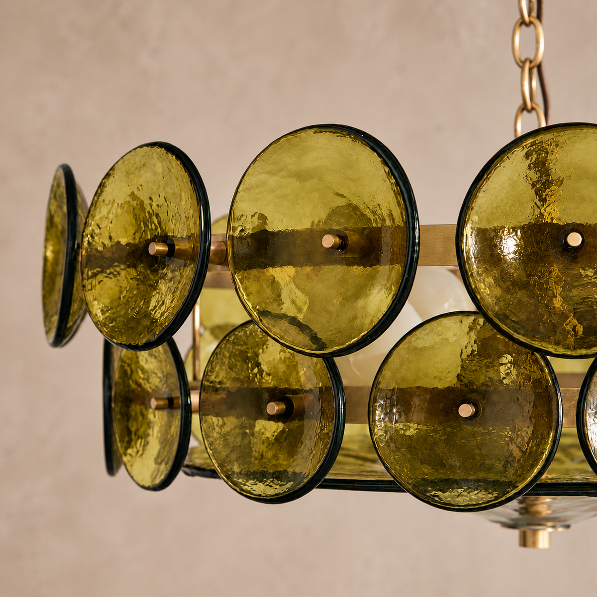 Murano Style Olive Glass Disc Chandelier Steel | Bowl Sends Light Down Over a Table Custom Chain Casalola Lights Luxury